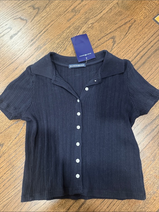 Brandy Melville Tops - Brandy Melville Black Ribbed Button-Front Polo Shirt